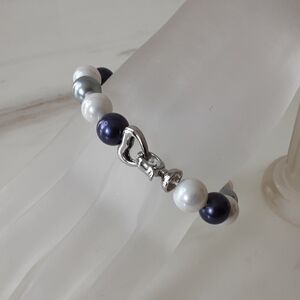 Sterling Silver Heart Tri-Colored Faux Pearl Bracelet 7.5"